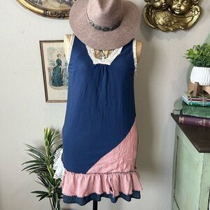 Ribbonwork Mod Cloth Blue Cream Red Lace Ruffle Sleeveless Patchwork Dress Sz S